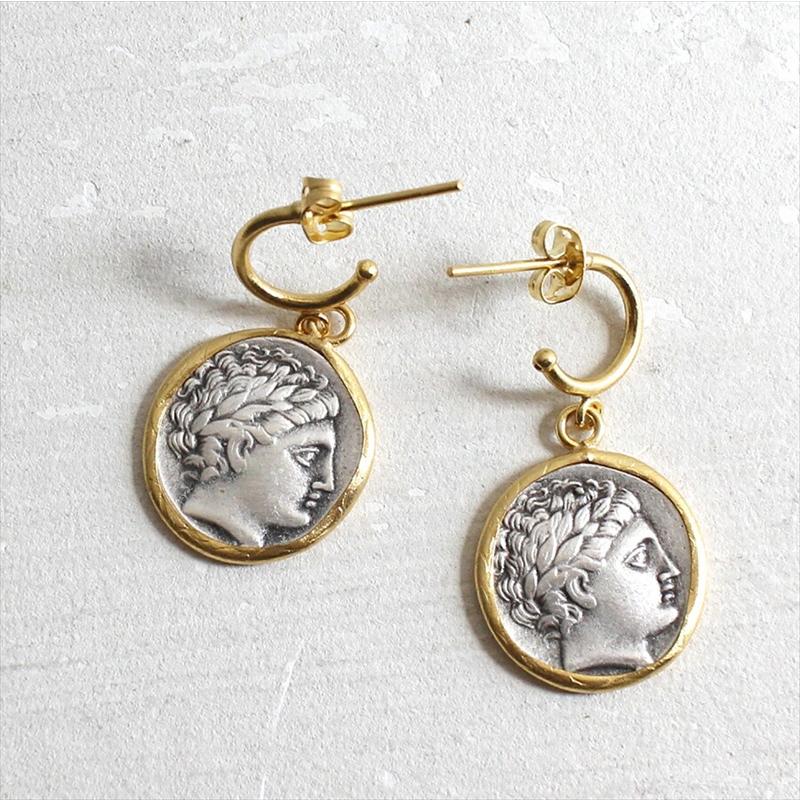 アンティークコイン ピアス 古代ギリシャ ゴールド&シルバーコンビ フープピアス 馬車を駆る人 |  | 01