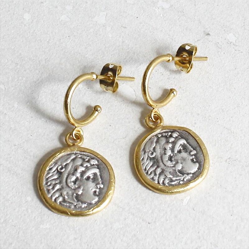 アンティークコイン ピアス ヘラクレス ゴールド&シルバー マケドニア帝国/テトラドラクマ | 