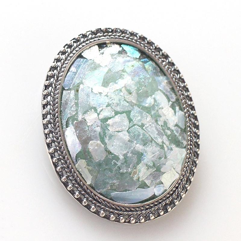 ローマングラス・イスラエル出土/ブローチ ペンダントトップ 銀化した古代ガラス（パティナ）とシルバー The Roman Glass Company， Israel