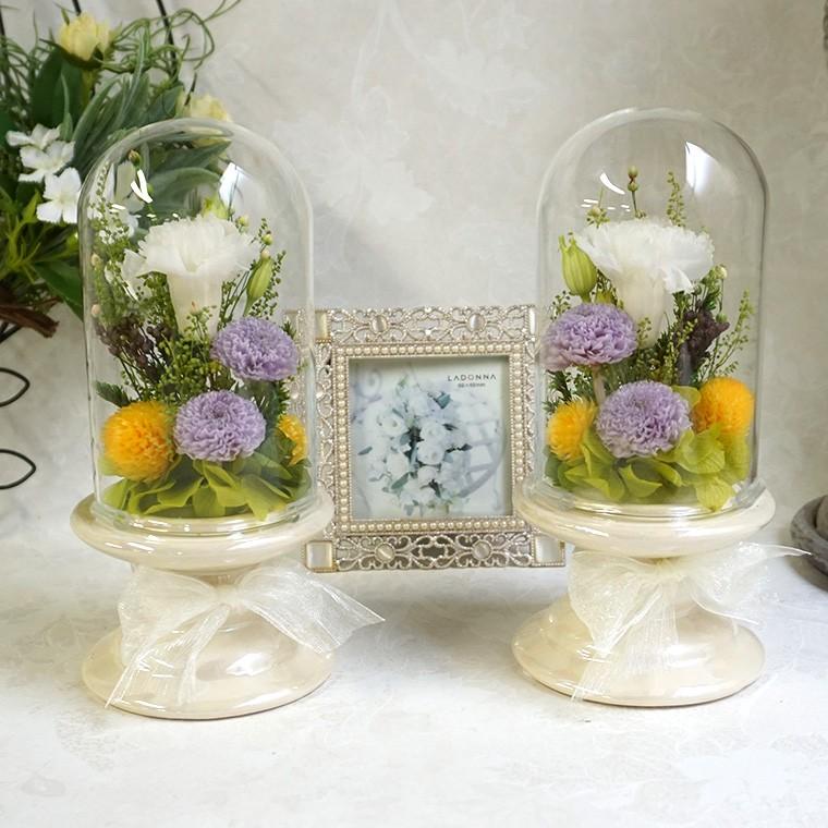 初盆 新盆 仏花 対デザイン セット 輪菊 ガラス ドーム プリザーブドフラワー お供え花 仏壇用 ブリザードフラワー 法事 供花 お彼岸 法要 ガラスドーム対|ampoule-shop|08