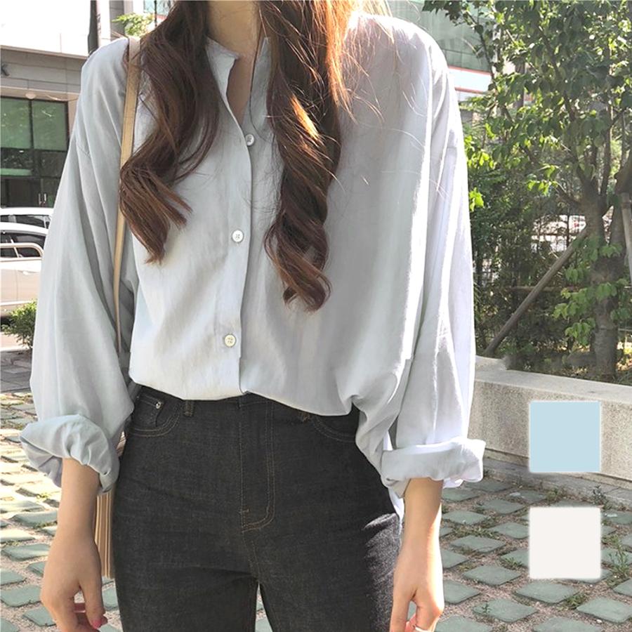 Dewlily ノーカラーシャツ ブラウス レディース オフィス カジュアル 10代 20代 30代 韓国ファッション 春 秋服 夏服 無地 大人  長袖 シンプル : amulet-shop - 通販 - Yahoo!ショッピング