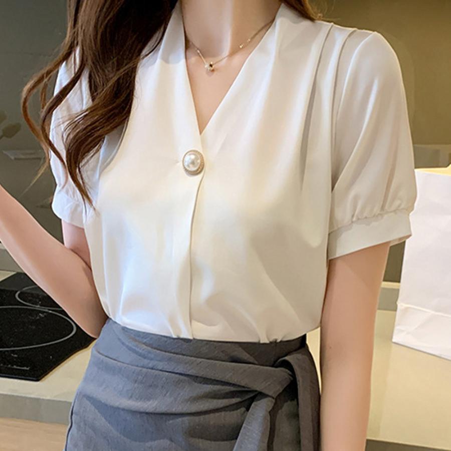 Dewlily Vネックブラウス レディース トップス 半袖 春服 夏 10代 20代