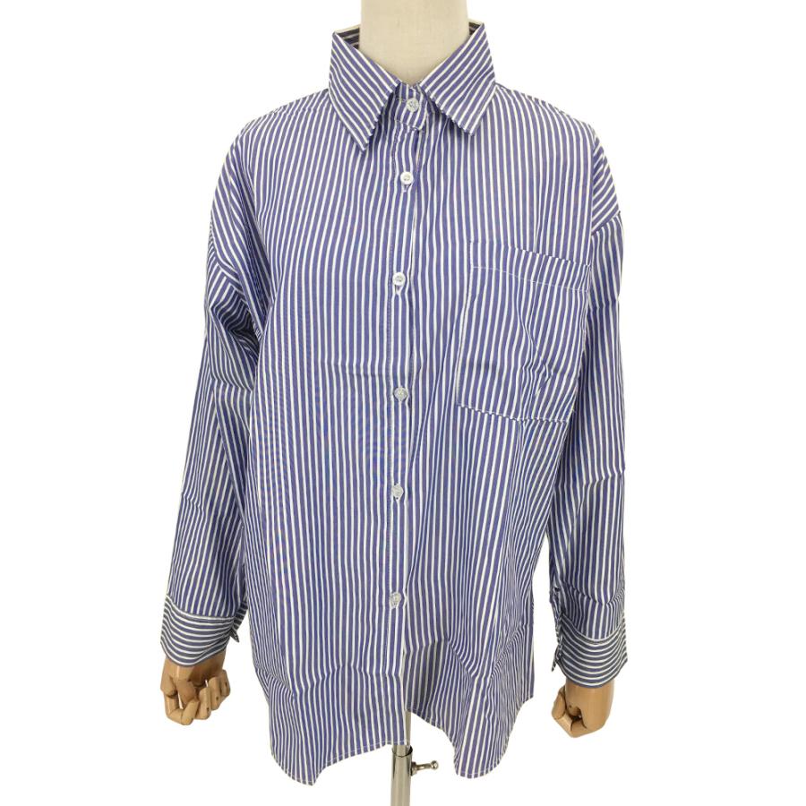 アミパリス 青白ストライプ 長袖シャツ L ストライプ長袖シャツ レディース シンプル ベーシック オフィス