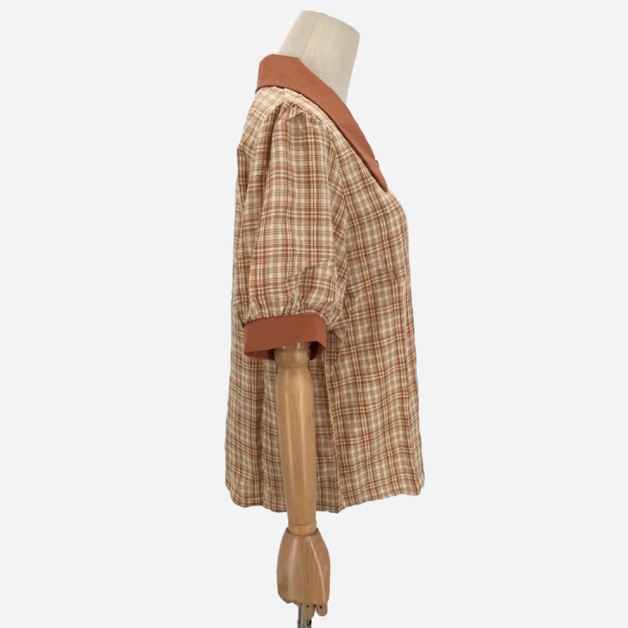 チェック柄パフスリーブ半袖シャツ グレンチェック 柄 シャツ ブラウス