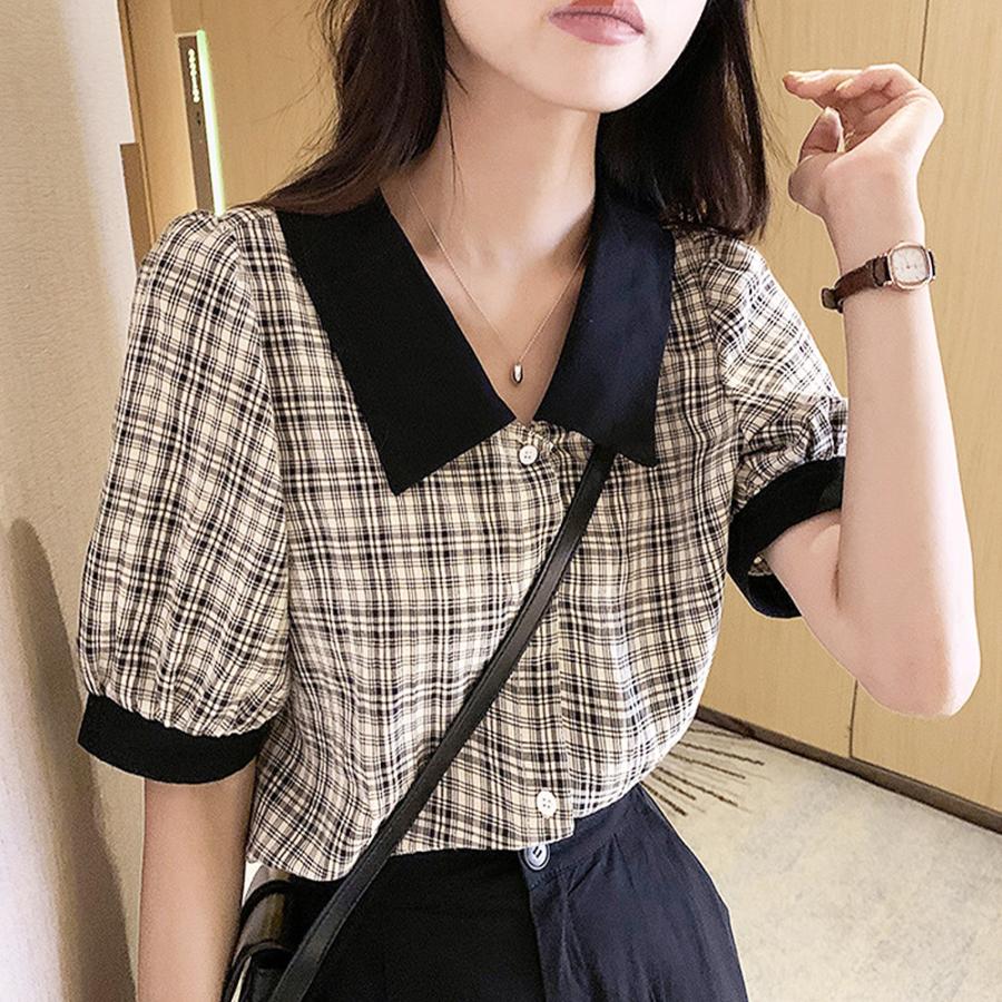 ⭐︎新品未使用⭐︎OHGA パフスリーブ チェック柄 半袖シャツ チェック柄パフスリーブ半袖シャツ グレンチェック 柄 シャツ ブラウス