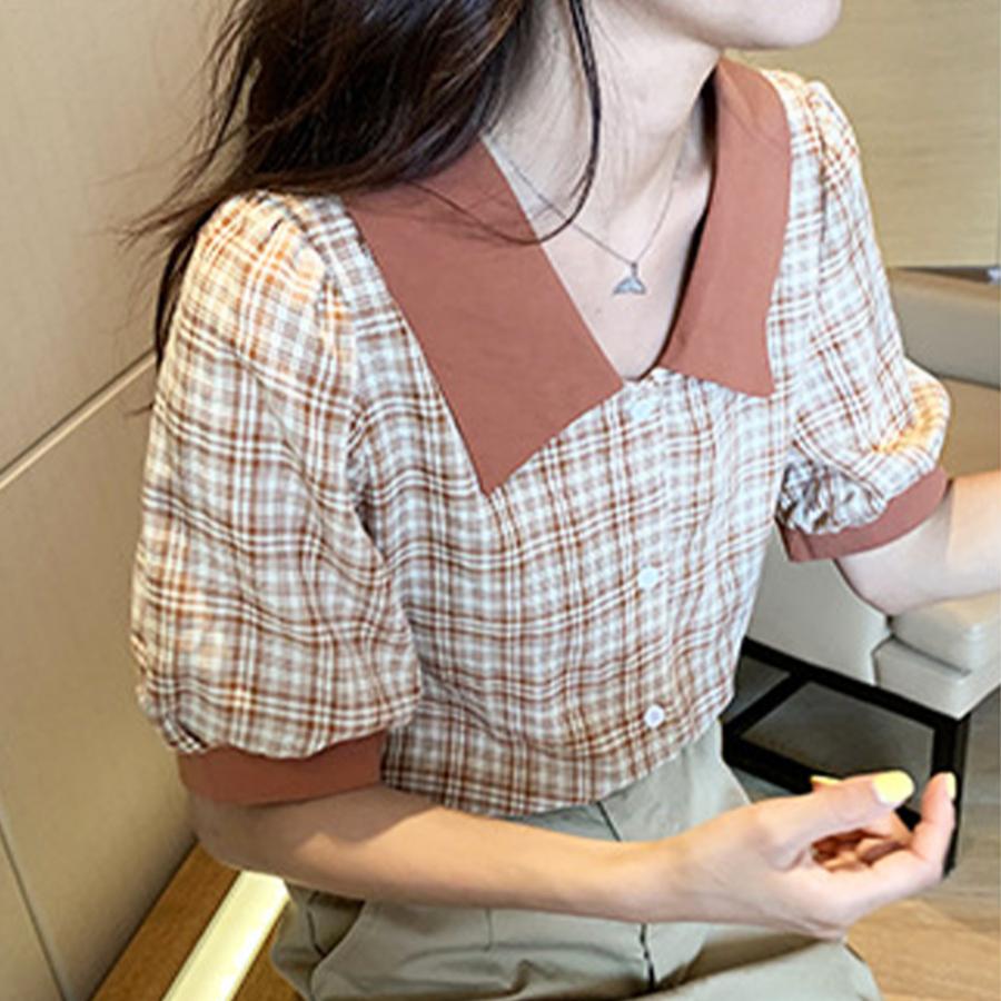 ⭐︎新品未使用⭐︎OHGA パフスリーブ チェック柄 半袖シャツ チェック柄パフスリーブ半袖シャツ グレンチェック 柄 シャツ ブラウス
