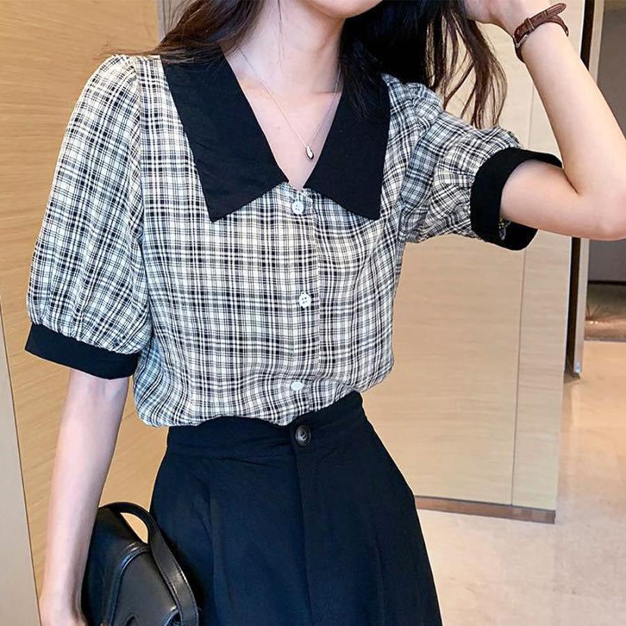 パラスパレス　半袖　ブラウス　チェック　ストライプ チェック柄パフスリーブ半袖シャツ グレンチェック 柄 シャツ ブラウス