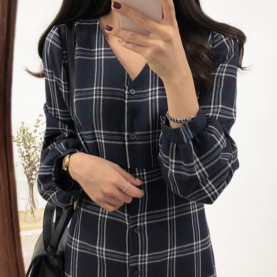 チェック柄シャツワンピース ワンピース 長袖 前開き チェック柄 V