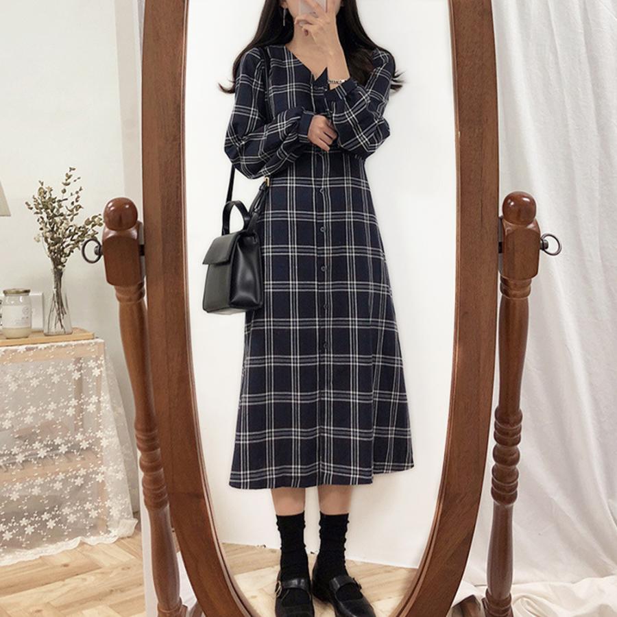 チェック柄　シャツワンピース チェック柄シャツワンピース ワンピース 長袖 前開き チェック柄 V