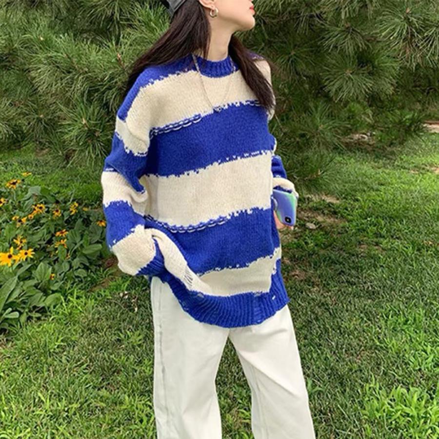 ダメージ加工ニット レディース トップス 長袖 ボーダー柄 秋服 冬服 