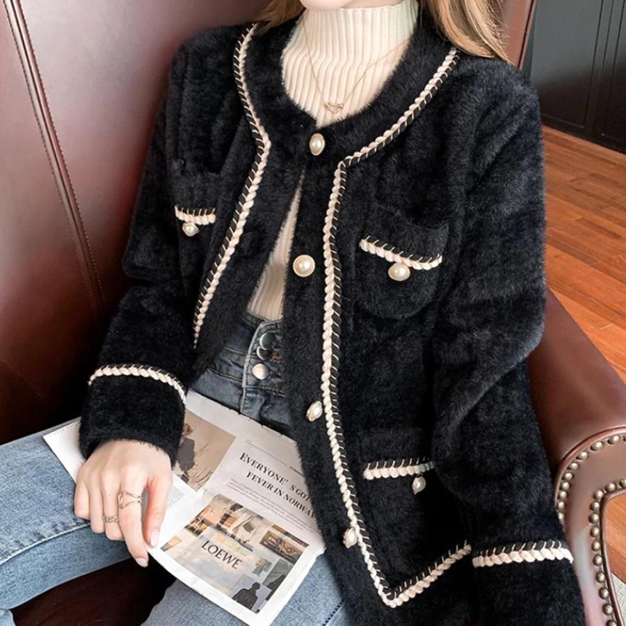 秋冬 カジュアル 上品 ツイード ジャケット 全3色 韓国 Amulet ツイード風ノーカラージャケット 秋 冬 韓国ファッション