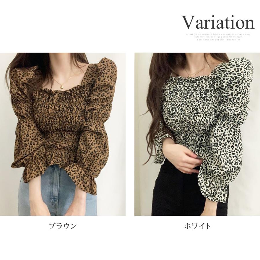 ヒョウ柄スクエアネックトップス トップス 長袖 スクエアネック ヒョウ