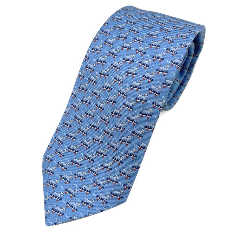 タグ付きエルメス OH MY DOG ネクタイ犬ブルー水色