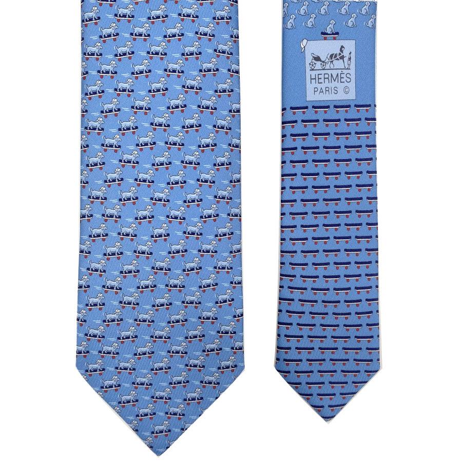 タグ付きエルメス OH MY DOG ネクタイ犬ブルー水色