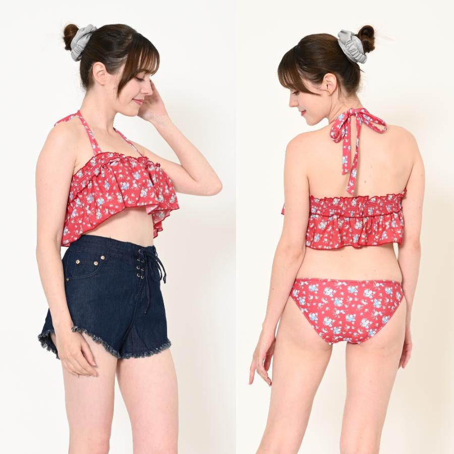 【新品未使用】オフショルダー風　セパレート水着　（ビキニ） ショートパンツ付き 送料無料3点セット デニムショートパンツ 小花柄 ビキニ レディース