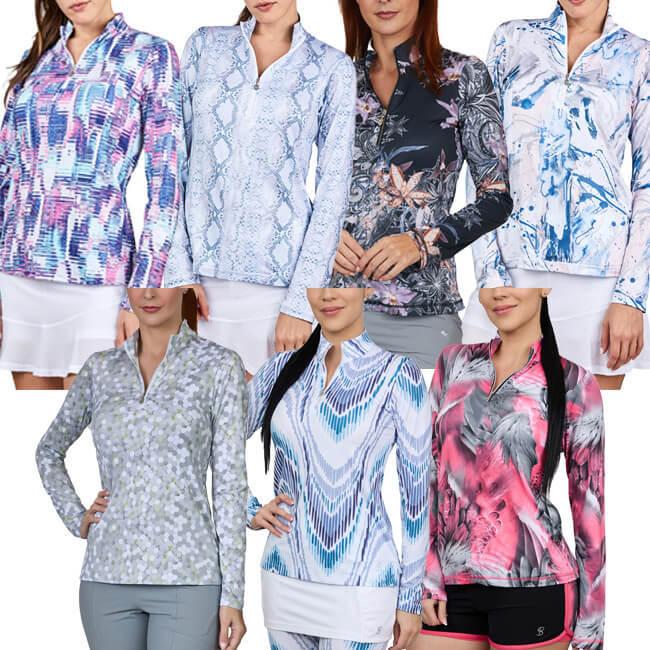 ＵＳサイズ Sofibella(ソフィベラ) レディース UV Feather 長袖ハーフジップポロ プリント柄 9004／9004F(22y2mテニス) | 