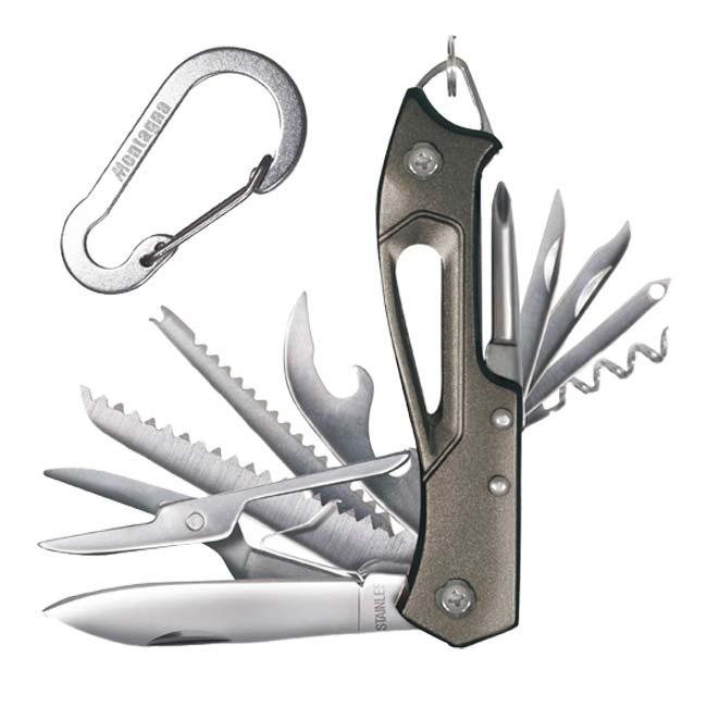 緊急時やアウトドアなどマルチに大活躍 Montagna(モンターナ) カラビナ付き14in1マルチフ゜ライヤー 14役塔載 多機能ツール HAC4509 グレー(25y9m) | 