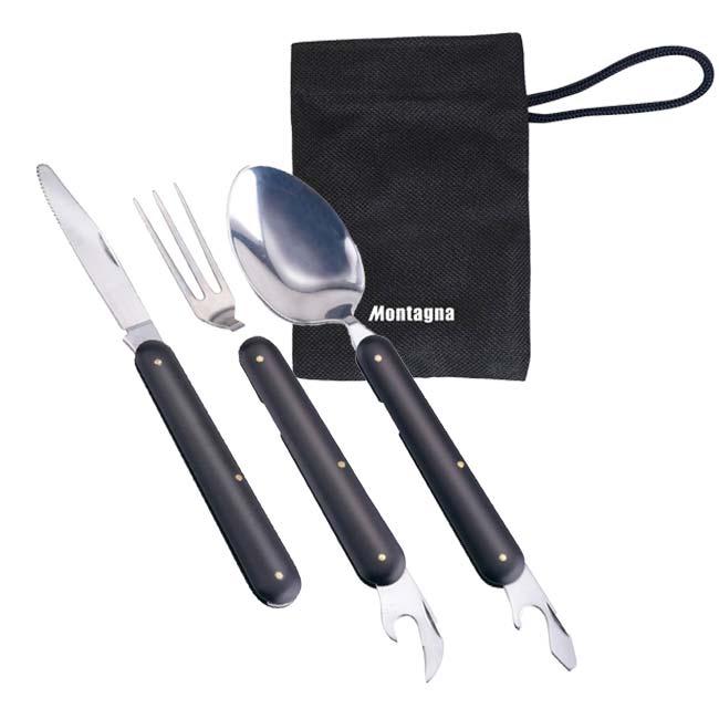 便利な4点セット Montagna(モンターナ) ツール付き折りたたみカトラリーセット スプーン+栓抜き フォーク+缶切り ナイフ 専用袋 HAC4522 ブラック(25y6m) | 