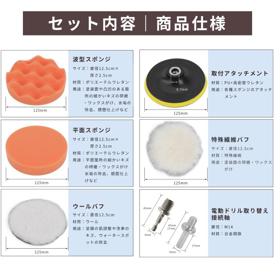 ポリッシャーバフ 125mm 電動ドリル バフ ポリッシャーバフセット 洗車