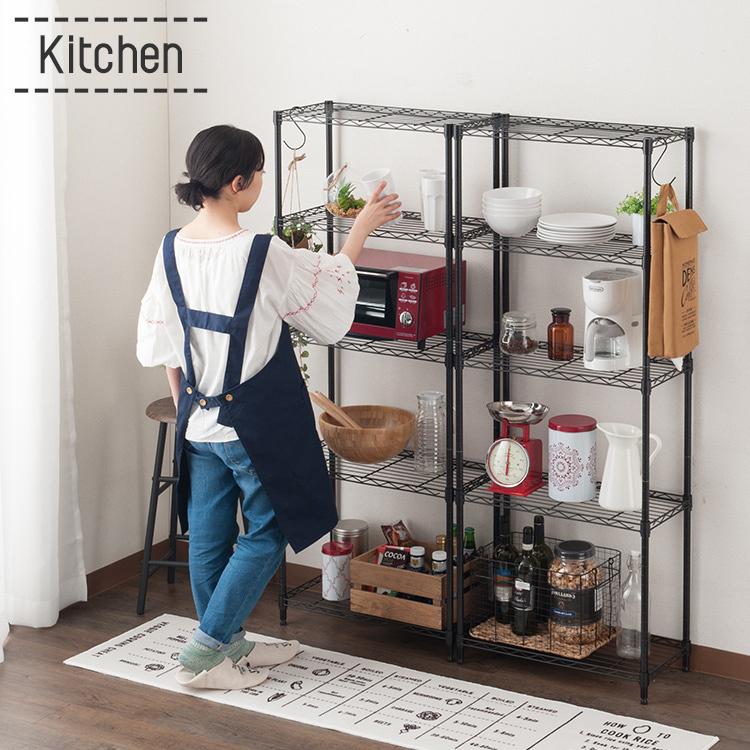オープンラック❣️キッチンラック 棚 5段（2段+3段）60×30×158㎝ 黒 DOSHISHA（ドウシシャ） ラック 収納 棚 オープンラック 幅60 2台