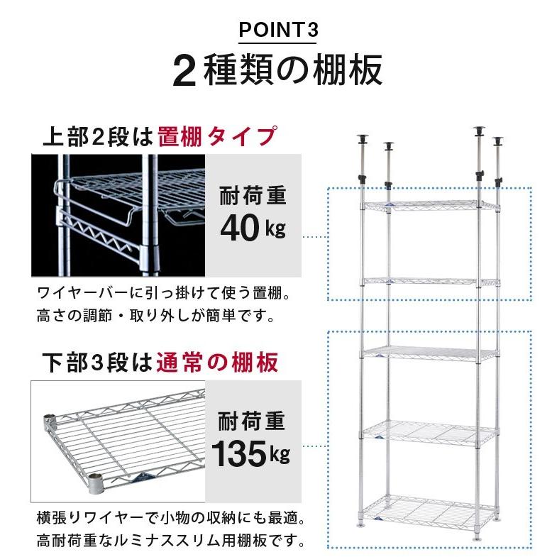 スチールラック 幅90 奥行45 高さ220〜280cm 5段 メタルラック 業務用 家庭用 高耐荷重 突っ張り 地震対策 ルミナス スリム MMH90-5T｜an-non｜06