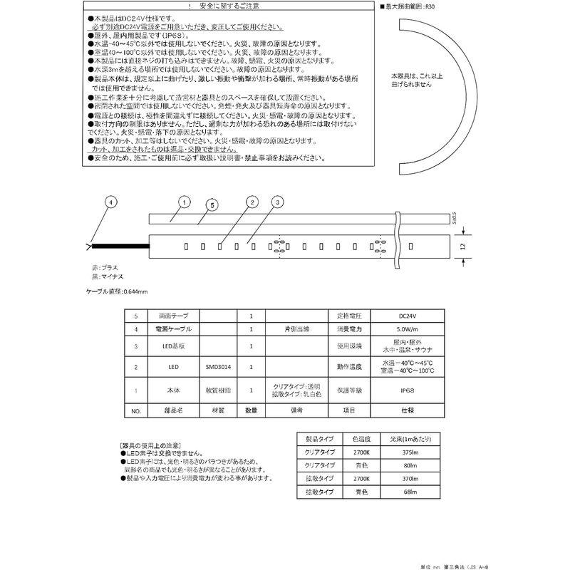 サウナ用　100℃までOK富士メディシィエ　LEDテープライト　水没可　本体拡散タイプ　ケーブル5m付　防水　サウナ照明　耐高温　サウナライ