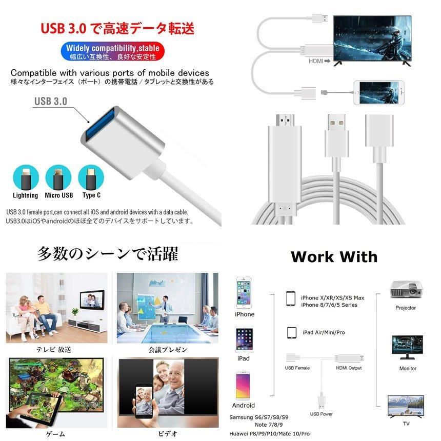 Lightning Android to HDMI 変換ケーブル HDMI変換アダプター ライトニング アンドロイド ミラーリングケーブル 1080P 送料無料｜anami-store｜09