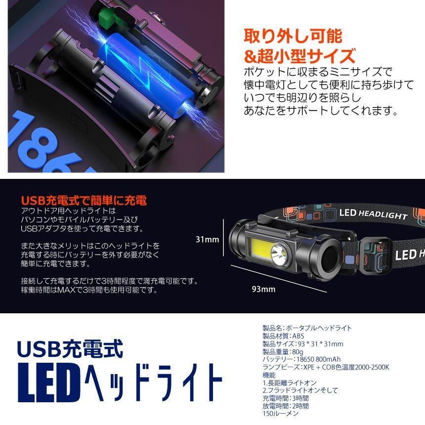 ヘッドライト 作業灯 充電式 LEDヘッドライト LED ヘッドランプ COB作業灯 磁気付き USB充電式 軽量 防水 照射角度180調節 夜釣り 停電 キャンプ 送料無料｜anami-store｜07