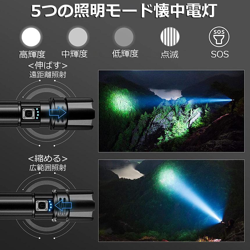 懐中電灯 XHP70 強力 防水 USB充電式 電池式 LCD残量表示 ズーム機能 5