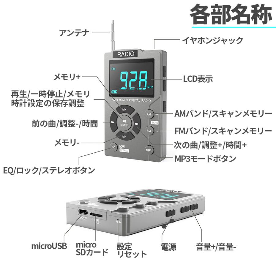 爆買 ポケット ラジオ ポータブル 4台セット MP3プレイヤー ワイドFM FM AM 対応 イヤホン ストラップ付き 音楽プレイヤー 充電式 時計