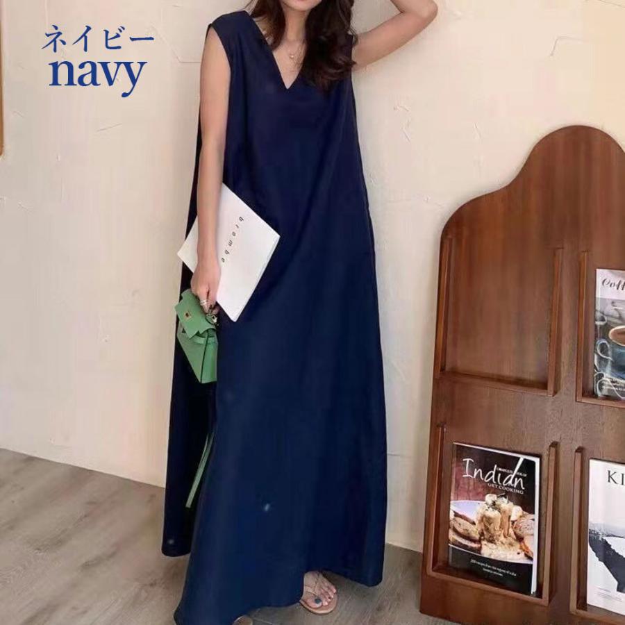 ノースリーブワンピース 綿麻風 vネックワンピース マキシワンピース