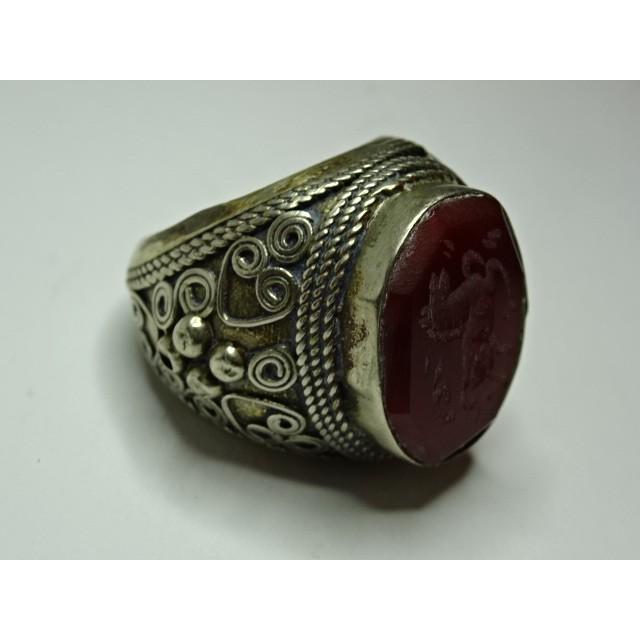 ササン朝ペルシャ期ジュエリーカーネリアン馬柄インタリオ/アマゾナイト象嵌銀製指輪 アフガニスタンのリング(カーネリアン馬・大) : アジア民芸亜南 - 通販