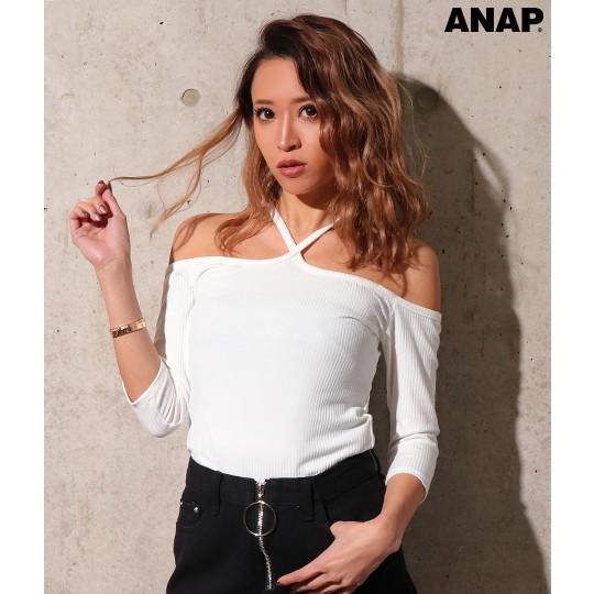 テレコリブクロスオフショル七分袖 オフショルダー トップス オフショル リブ カットソー ショート丈 肩だし 七分袖 プルオーバー ロンt ロンティ Anap 通販 Paypayモール