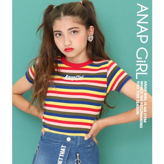 マルチボーダーリブトップス リブ カットソー ロゴt プリント Tシャツ