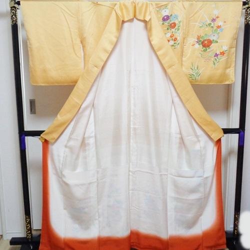 付け下げ訪問着 黄色地に菊の花模様 158cmの女性向け 明るい印象の着物