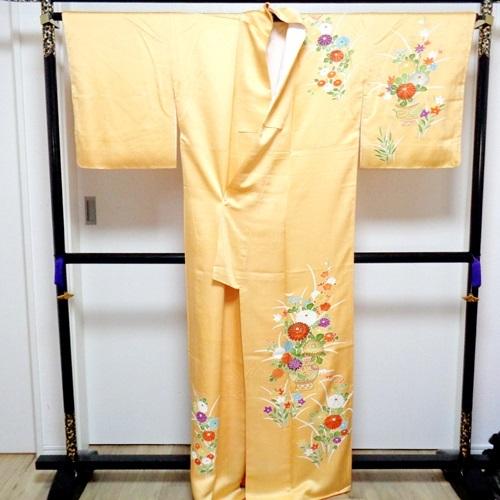 単衣　着物　付下げ　フルセット　訪問着　正絹　淡レモンクリームイエロー緑葉　D2 訪問着・付け下げ【6・9月用、単衣】黄緑に白の絞り・花の丸刺繍[身長