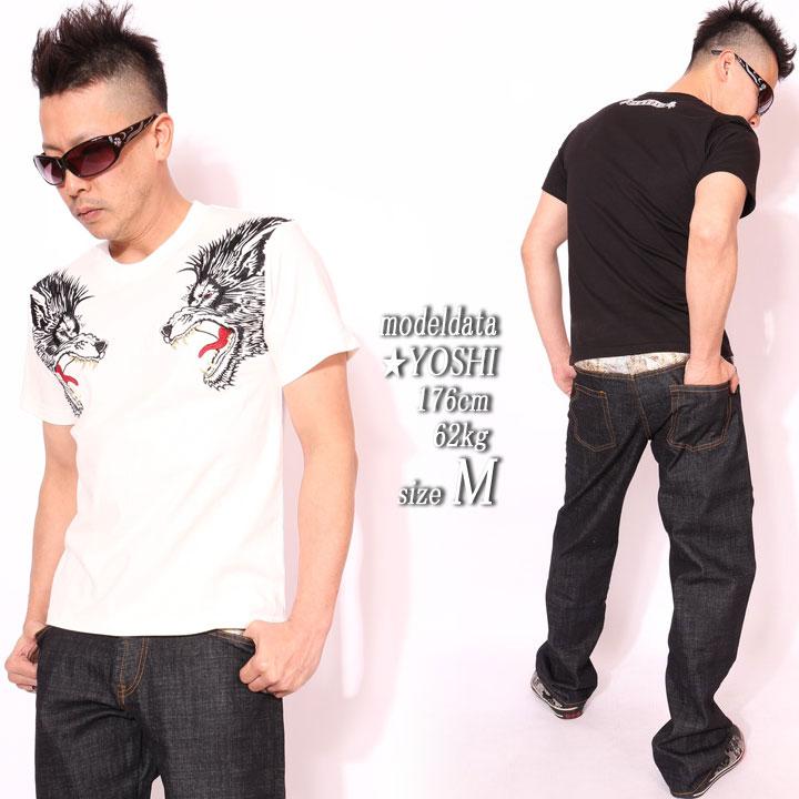 SATORI さとり 狼頭 刺繍 和柄 半袖 Tシャツ GST-651 わがら サトリ