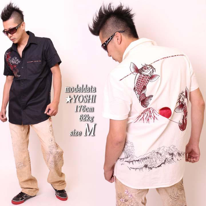 セール SALE [satori さとり]双鯉波富士 和柄 総刺繍 半袖ワークシャツ(GWS-403)※ご奉仕品の為返品交換不可 SATORI 【年末年始も毎日出荷】在庫限りセール SALE 50%off satori