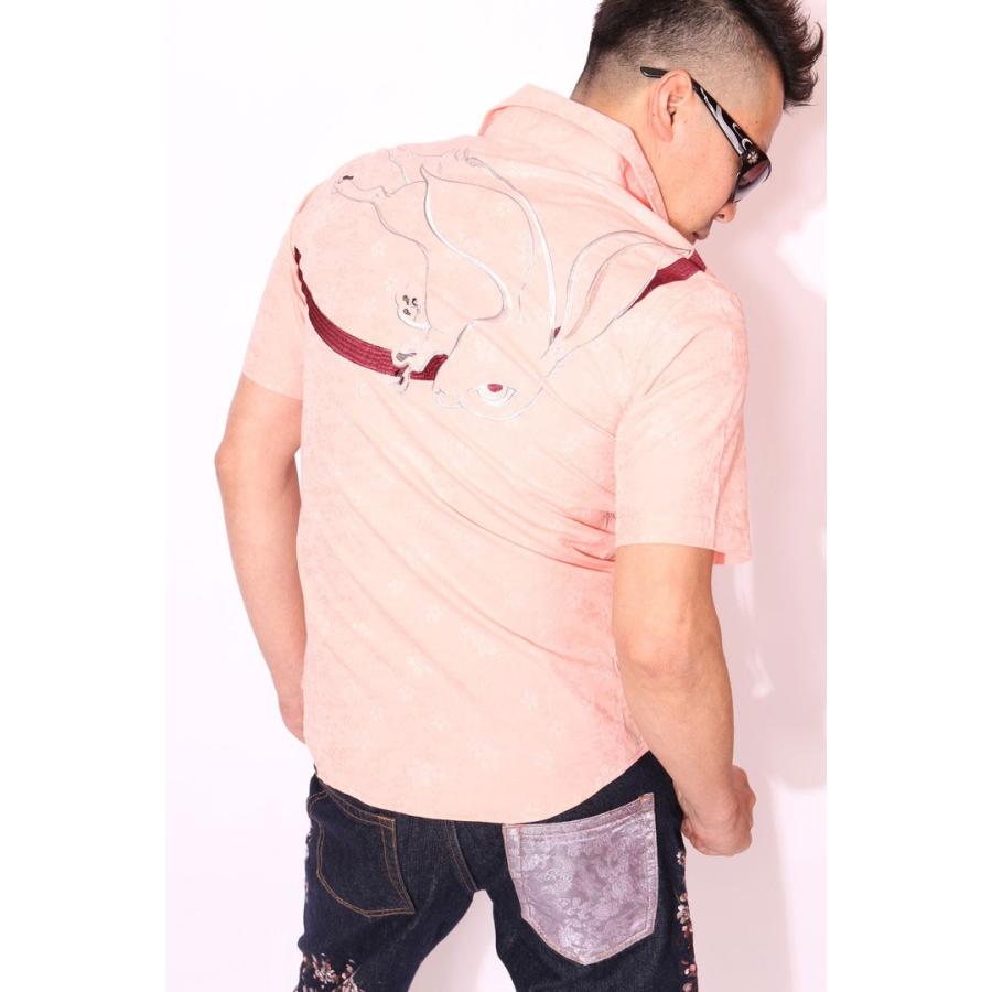 花旅楽団スクリプト 月兎刺繍 ジャガード織り 和柄 半袖シャツ SJS-602