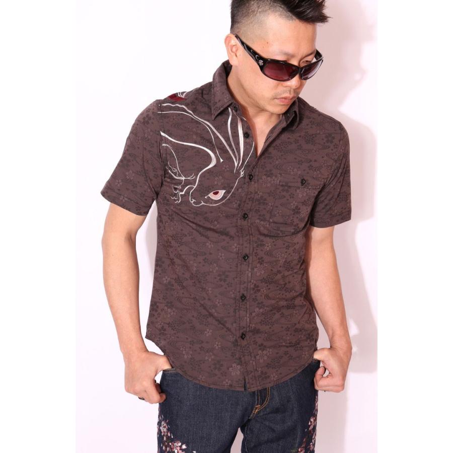 花旅楽団スクリプト 月兎刺繍 ジャガード織り 和柄 半袖シャツ SJS-602