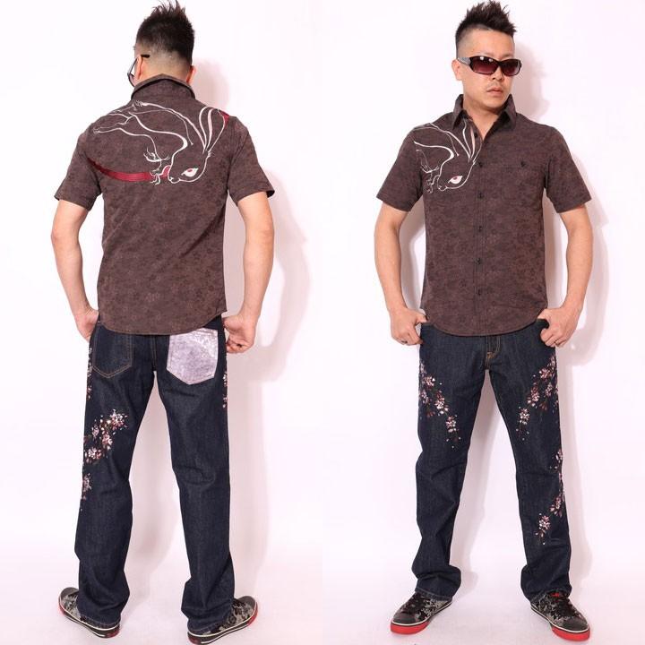 花旅楽団スクリプト 月兎刺繍 ジャガード織り 和柄 半袖シャツ(SJS-602)SCRIPT はなたび【JISHA1】 花旅楽団スクリプト 月兎刺繍 ジャガード織り 和柄 半袖シャツ SJS-602