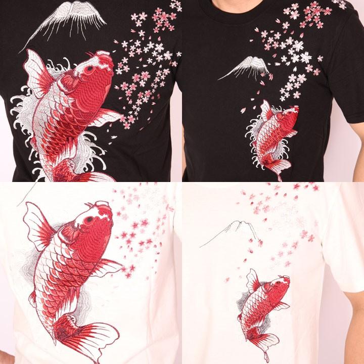 花旅楽団スクリプト 桜と緋鯉 刺繍 和柄 半袖 Tシャツ ST-804 : ANCH