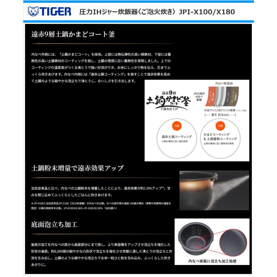 ご泡火炊き タイガー 圧力IHジャー炊飯器 JPI-X180-KX 1升炊き 遠赤9層