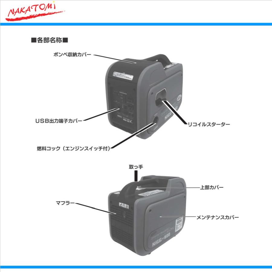 ナカトミ インバーター発電機 カセットボンベ式 NIGG-600 定格 ナカトミ インバーター発電機 カセットボンベ式 NIGG-600 定格