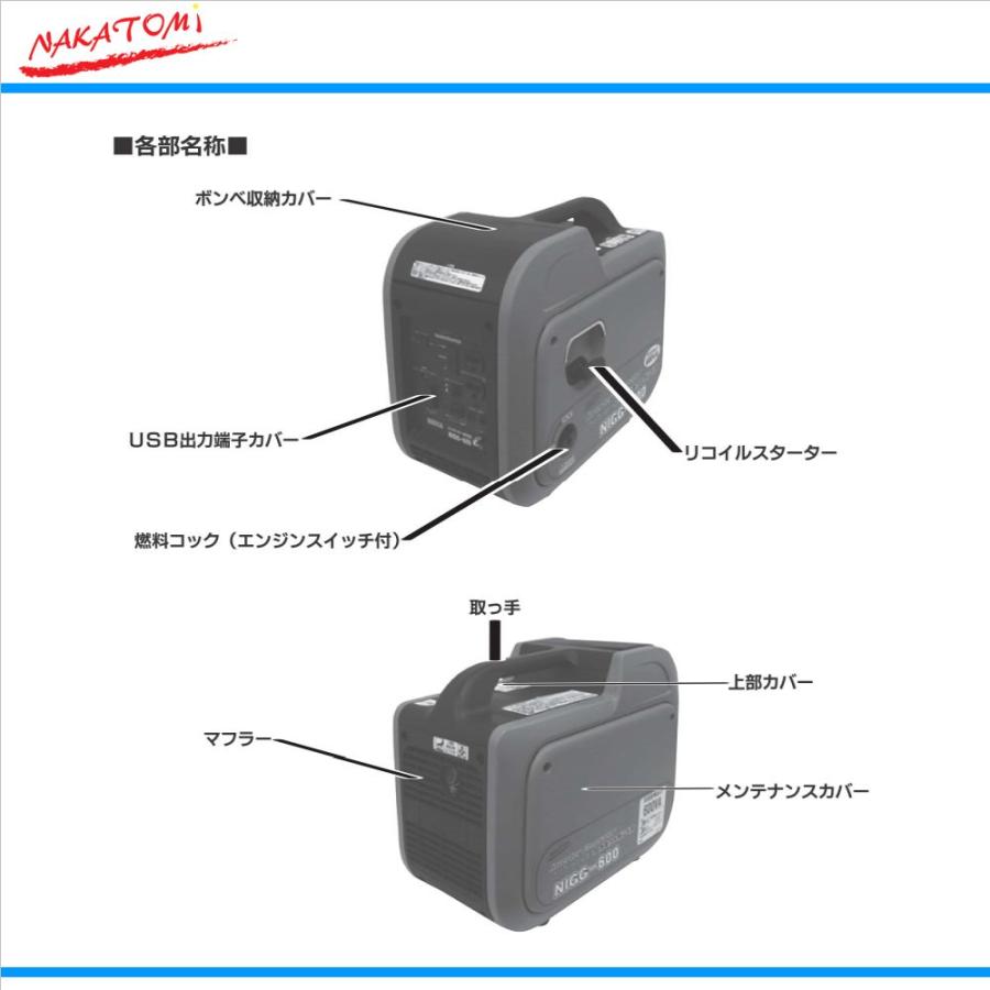 ナカトミ インバーター発電機 カセットボンベ式 NIGG-600 カセットボンベ式 定格出力0.6kVA 600W 個人宅配送OK NAKATOMI｜anchor｜03