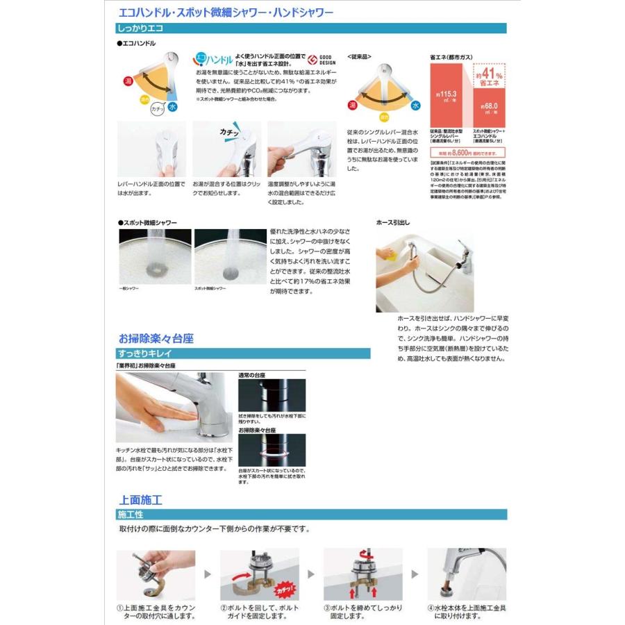 LIXIL　INAX　キッチン水栓　RSF-833Y　混合水栓　シングルレバー　ハンドシャワー付き　エコハンドル　上面施工　ワンホール　リクシル