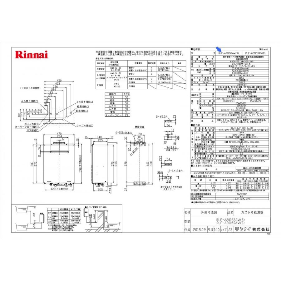 リンナイ おいだきガスふろ給湯器 RUF-A2005SAW(B)-13A おいだきオート ガス給湯器20号 屋外壁掛PS設置型 おいだき 都市ガス用  Rinnai :ruf-a2005saw-b-13a:Anchor Shop - 通販 - Yahoo!ショッピング