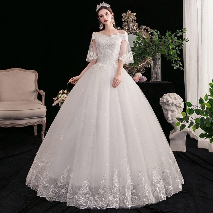 ウエディングドレス オフショルダー 結婚式ドレス 袖あり ロングドレス