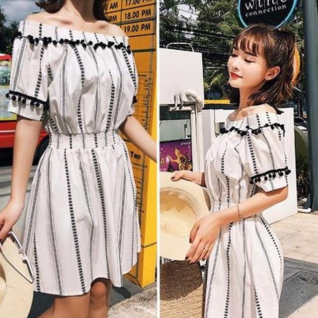 オフショル ワンピース ミニ丈 ボヘミアン ストライプ ビーチ リゾート 白 ホワイト オルチャン 韓国ファッション レディース 春夏 トレンド Sサイズ Ngab712 And Sherry 通販 Yahoo ショッピング