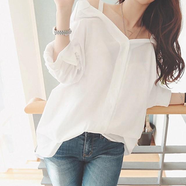 オフショルダー ブラウス 白シャツ ビッグシルエット 彼シャツ風 ゆったり チュニック 長袖 リボンベルト付き ドロップショルダー Lサイズ Rkab257 And Sherry 通販 Yahoo ショッピング